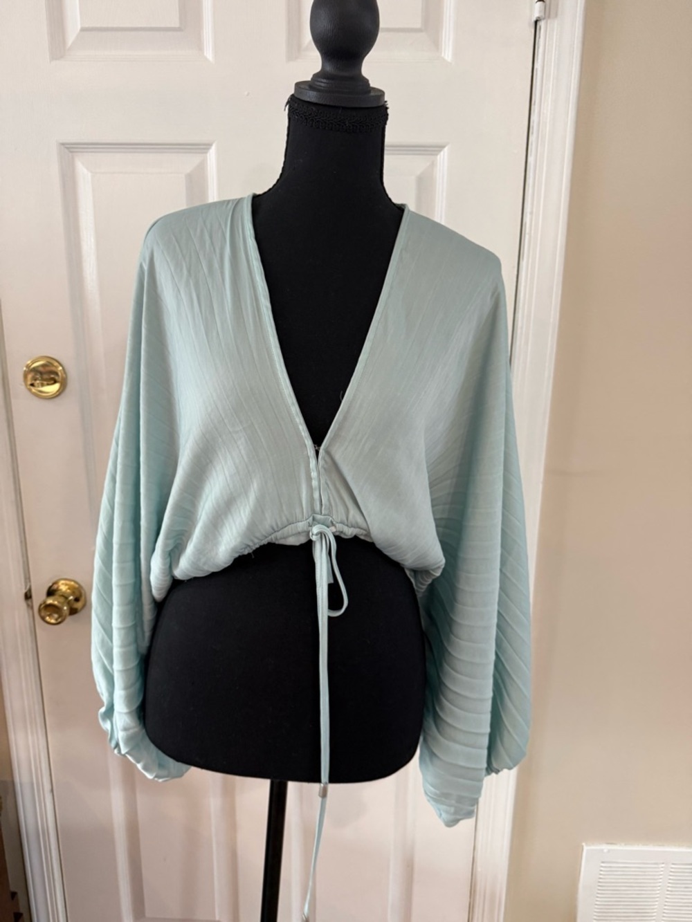 Free People Pale Blue  V-Neck Drawstring Top